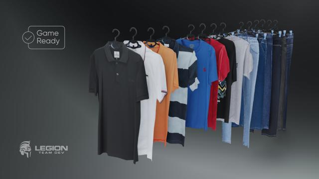 Download Model 3D quần áo treo, phơi với mắc áo (Áo phông, cổ bẻ, quần Jean)